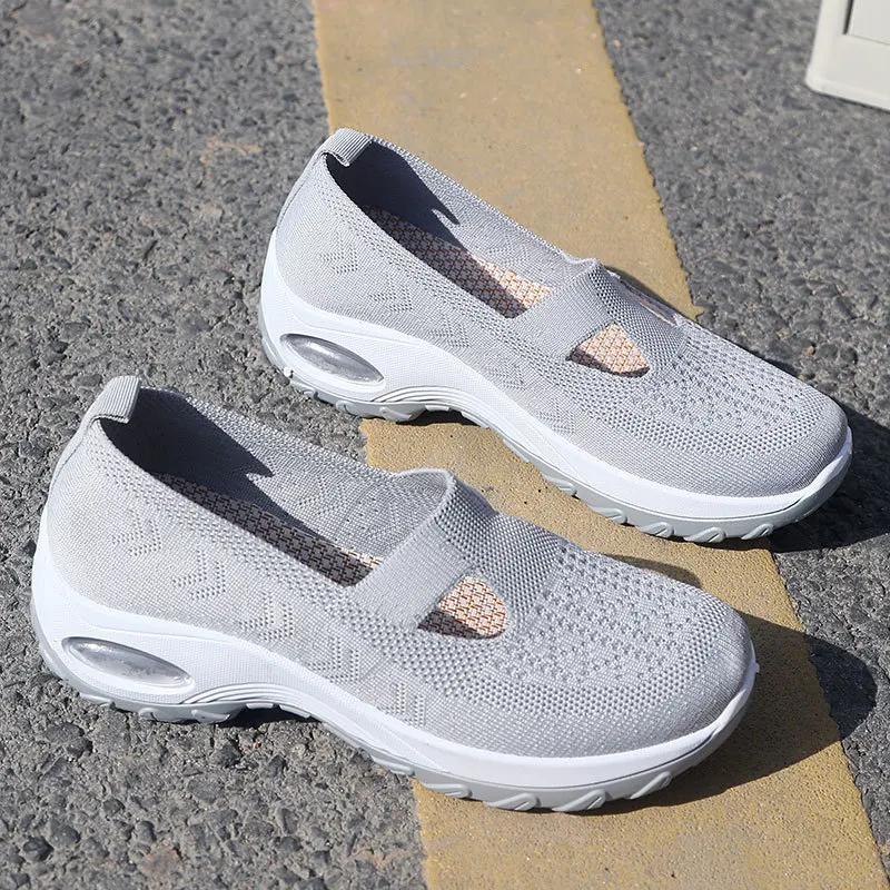 Jarní a letní nové sportovní boty se vzduchovým odpružením, prodyšný pletený svršek, mělké boty s měkkou podrážkou a rovnou podrážkou pro ženy