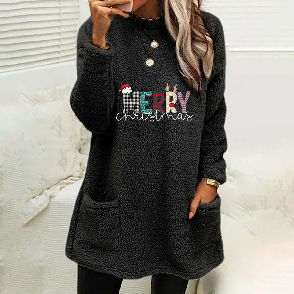 Women's Christmas Print Round Neck Loose Long Sleeve Pocket Plush Hoodie