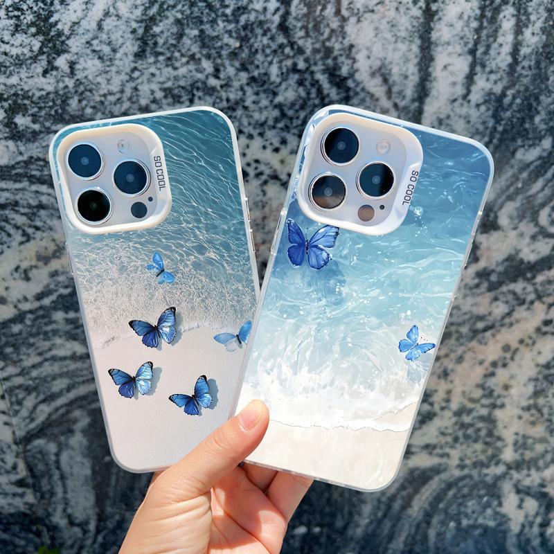 Blue Butterfly Ocean Waves Phone Case For iPhone 14 13 12 11 Pro Max 16 15 Pro Max 13 Mini 16 15 14 Plus Shockproof Laser Covers