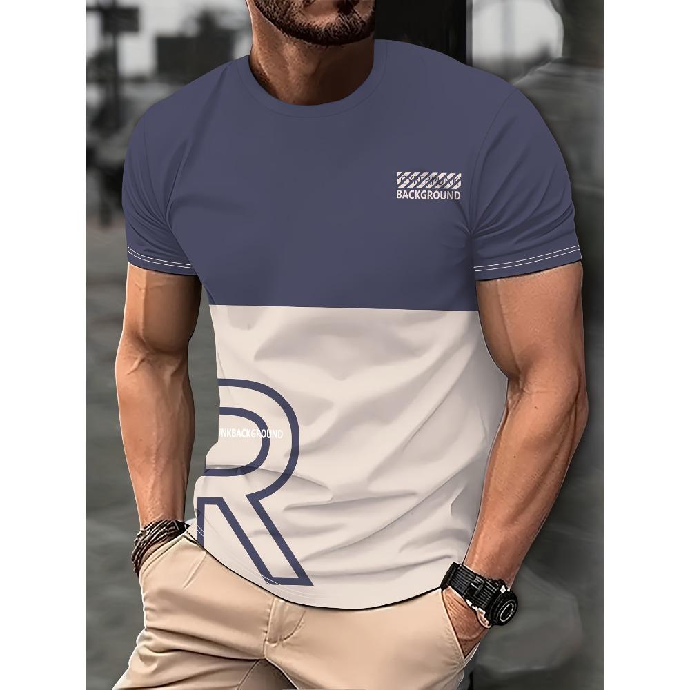 Męska koszulka z nadrukowanym napisem w gradientowych kolorach Casual T-shirt z krótkim rękawem i okrągłym dekoltem na letnie zajęcia na świeżym powietrzu Topy Odzież