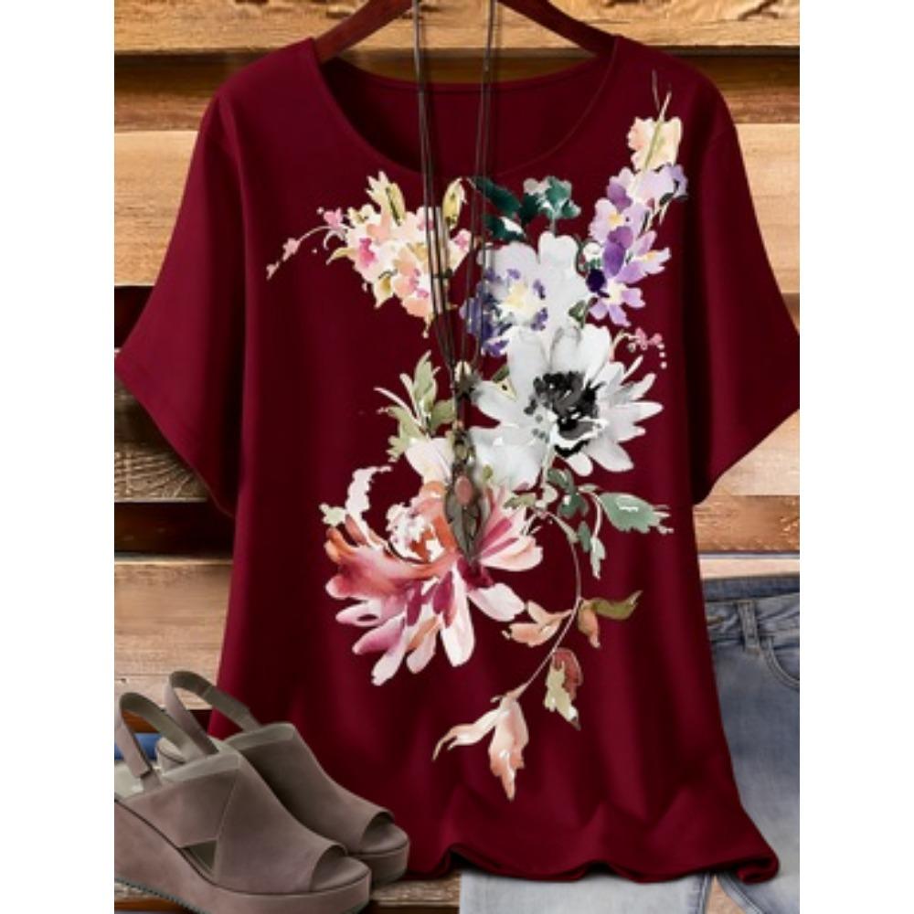 

White Watercolor Flower Print T-Shirt, Women s Casual Loose Short Sleeve Crew Neck Top, Plus Size Summer Floral Blouse XL