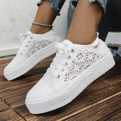 Frauen Schuhe Mode Sommer Casual Weiße Schuhe Ausschnitte Spitze Leinwand Hohl Atmungsaktive Plattform Flache Schuhe Frau Turnschuhe