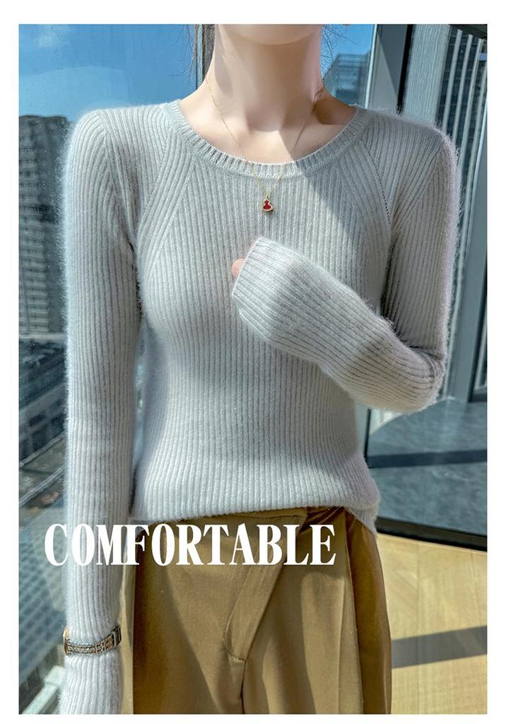 Women's 100% Pure Wool Round Neck Sweater - Slim Fit, Chic, Long Sleeve, Knitted Cashmere, Perfect for Autumn/Winter.