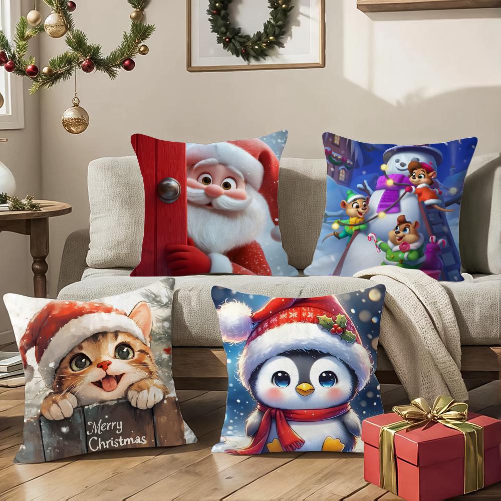 Cute Christmas Cartoon Illustrations Second Pillow Case Silky Short Plush With Invisible Zipper Dustproof Sofa Cushion Cover