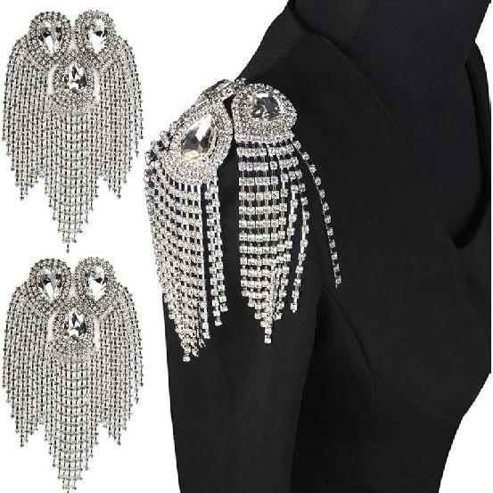 Tassel Chain Shoulder Board Badges Beads Rhinestones Patch Epaulet Epaulette Applique for Military Suit 2 Pieces