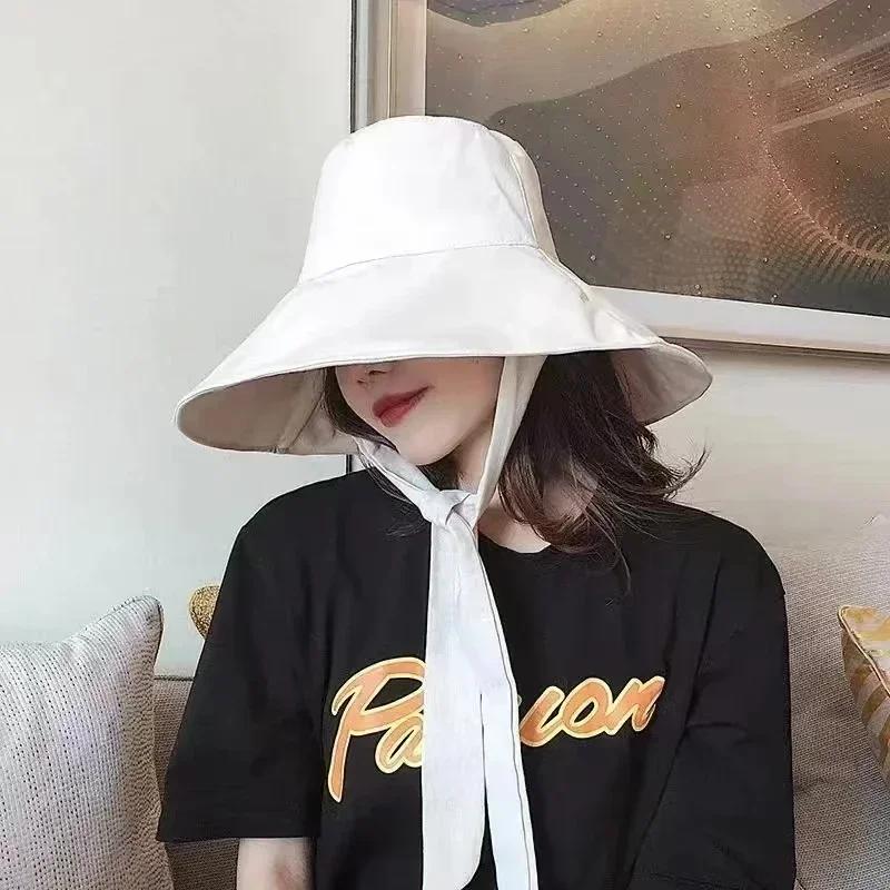 New Summer Spring Japanese Tie Bucket Hat Women'S Korean-Style Big Eave Fisherman Foldable Uv Cotton Linen Beach Strap Sun Hat