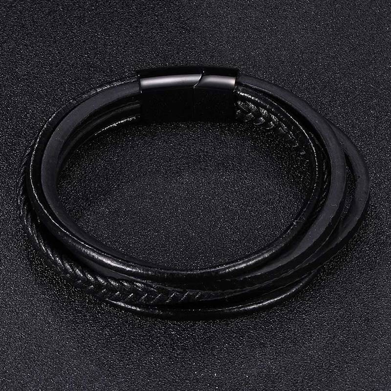Punk Stainless Steel Multilayer Bracelets Genuine Leather Bracelet & Bangles For Men Jewelry Black Color Fashion Gift BB1002