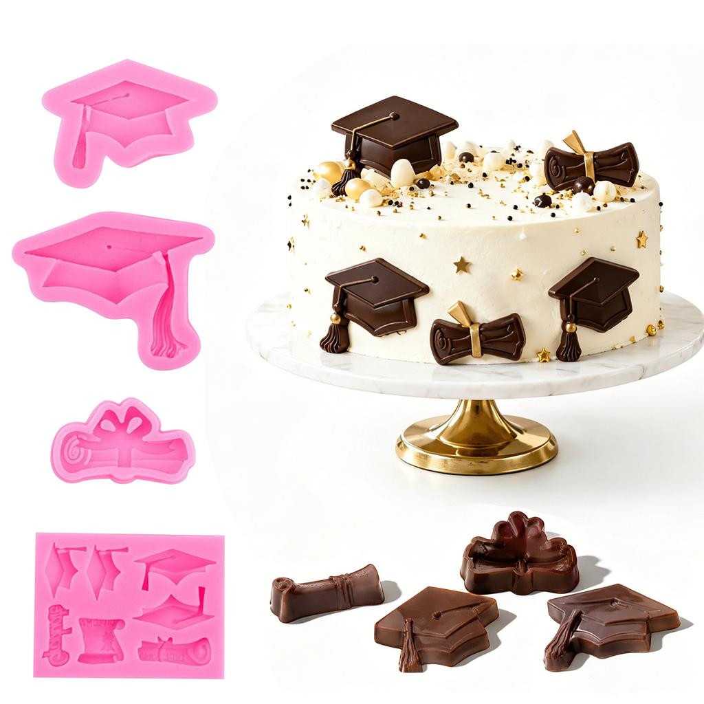 Silicone Graduation Cap Diploma Mold Set for Fondant Cake Chocolate Baking Decoration Tools Flexible Non-Stick Molds for Edible Crafting