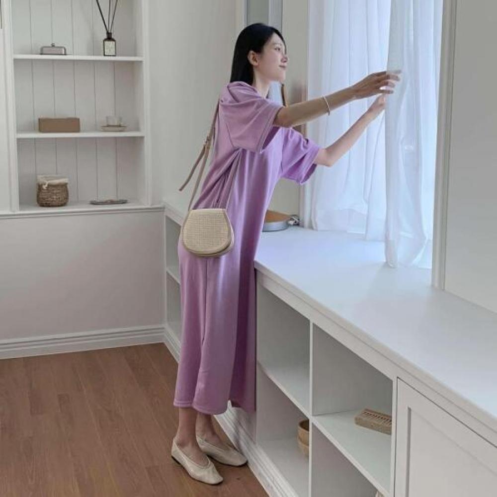 New Arrivals Open Run Women Loose Fit Puff Sleeve Side Slit Long Dress