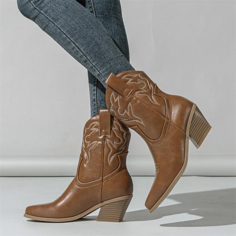 Winter Design Punk Style Embroidery Pointed Toe Women Ankle Boots Square Low Heels Short Western Booties Shoes