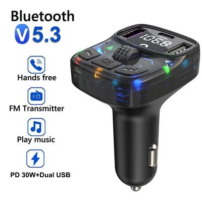 Auto-FM-Transmitter, 30 W PD Typ C, Dual-USB, schnelles Aufladen des Autos, Umgebungslicht, Bluetooth 5.3, Freisprecheinrichtung, MP3-Player, Auto-FM-Modulator