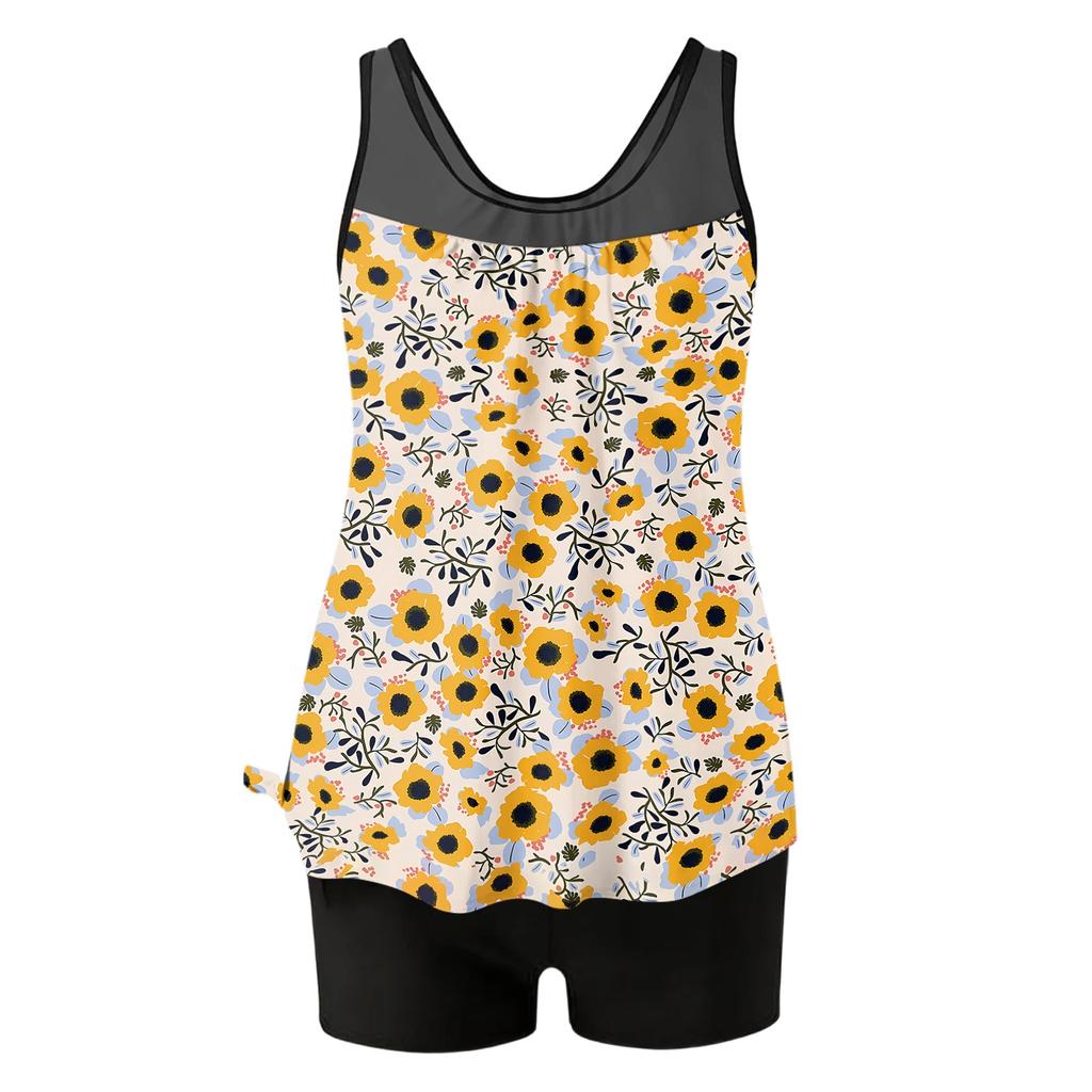 Tankini Swimsuits for Women Modest Two Piece Blouson Bathing Suit with Swim Shorts Floral Print Full Coverage Swimwear