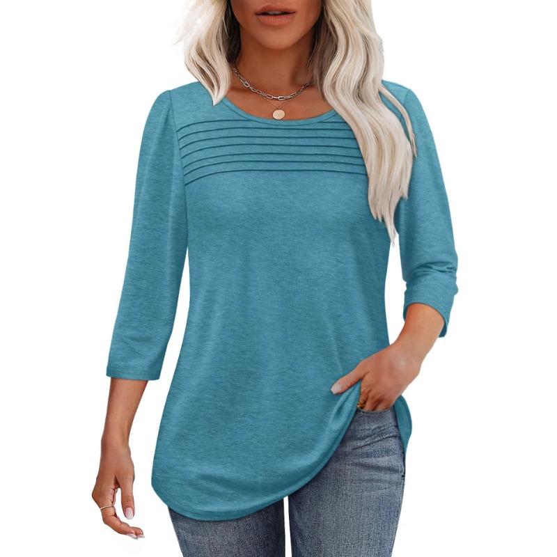 Autumn Round Neck Seven Quarter Sleeve Pleated Top Women's T-shirts