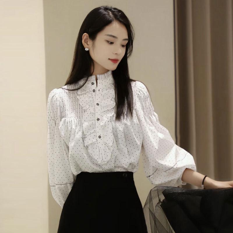 Shopping Mall 1116 Spring and Autumn Stand-up Collar Korean Version Loose Court Style Polka Dot Niche Bubble Sleeve Shirt 1111111