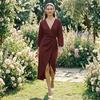 Lady Ruffle Dress Summer Women Deep V-Neck Dress, Slim Waist Midi Long Sleeves Solid Color Wrap for Daily Wear Party