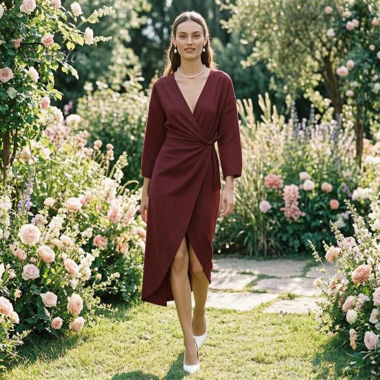 Lady Ruffle Dress Summer Women Deep V-Neck Dress, Slim Waist Midi Long Sleeves Solid Color Wrap for Daily Wear Party