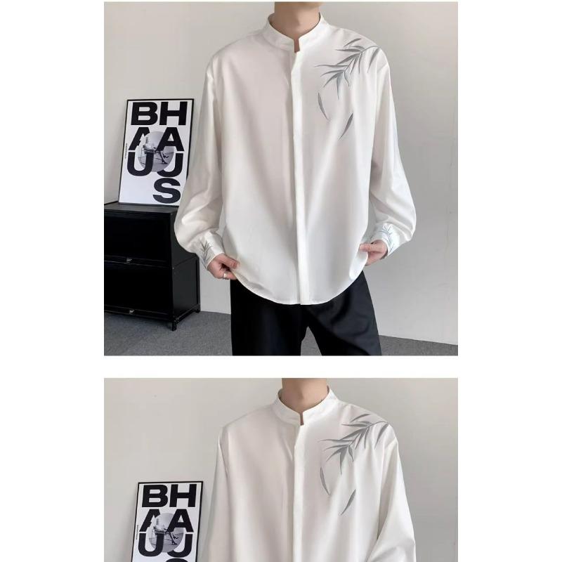 Men's White Bamboo Embroidery Stand Collar Long Sleeve Polyester Casual Shirt