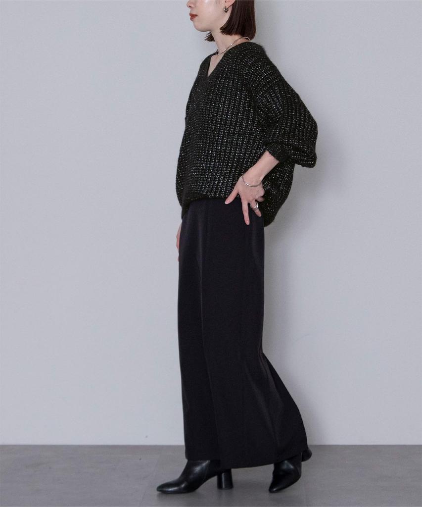 Yours Low Gauge Oversized Knit BEXU1699 L Black Lamé V-Neck Women's