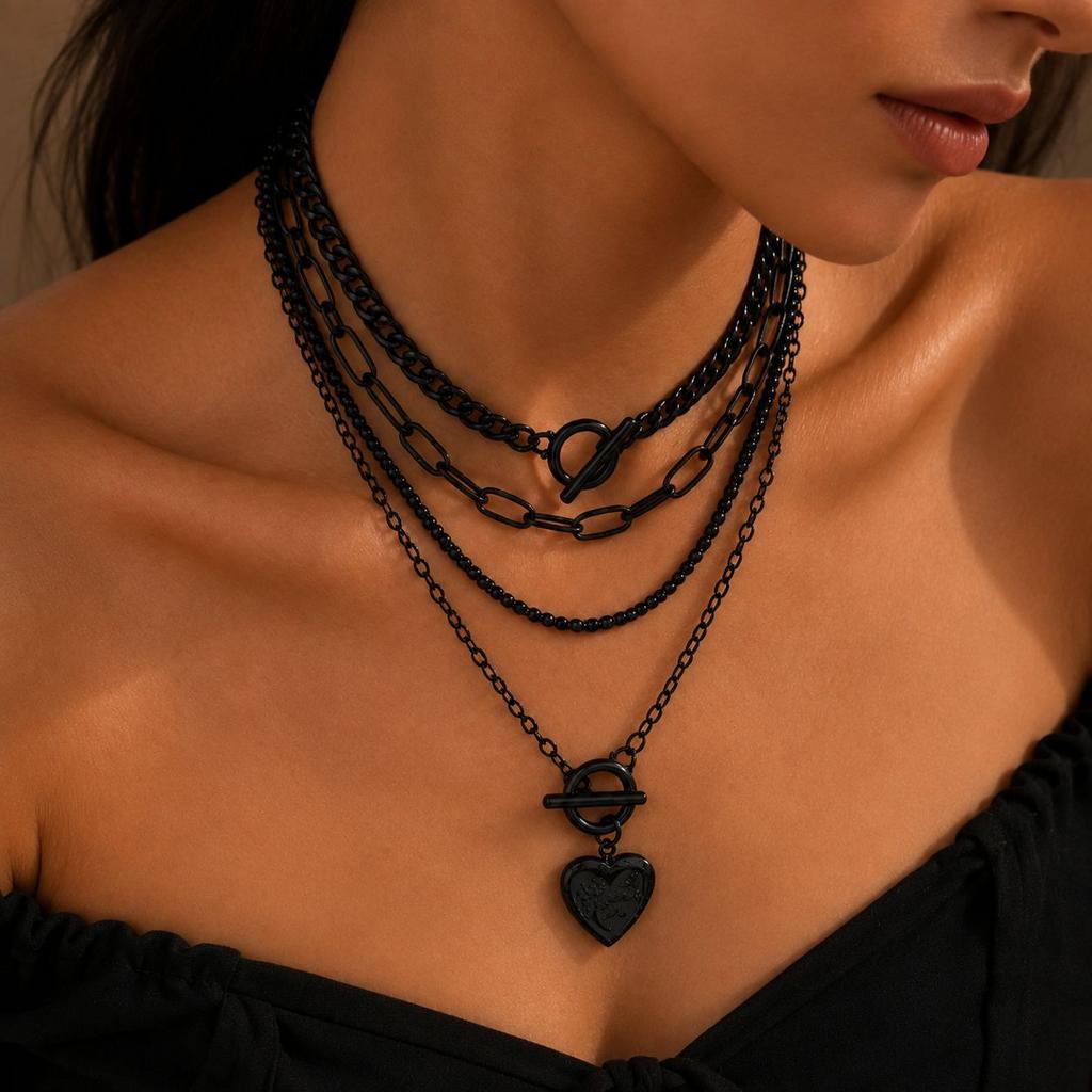Accessories Black Necklace Simple Love Pendant OT Buckle Peach Heart Multi-layer Stacked Collarbone Chain Spot