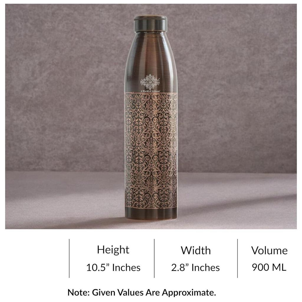 100% Pure Copper Water Bottle, Antique Dark Embossed Design, Ayurvedic Vessel for Yoga & Health, 900ml