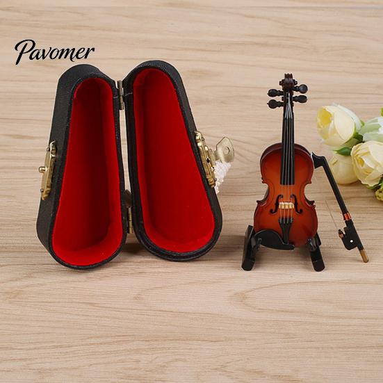 Miniature Violin Figurine Wooden Mini Model with Stand Playable Tiny Ornament Musical Instrument Home Office Desktop Decoration Polished Wood