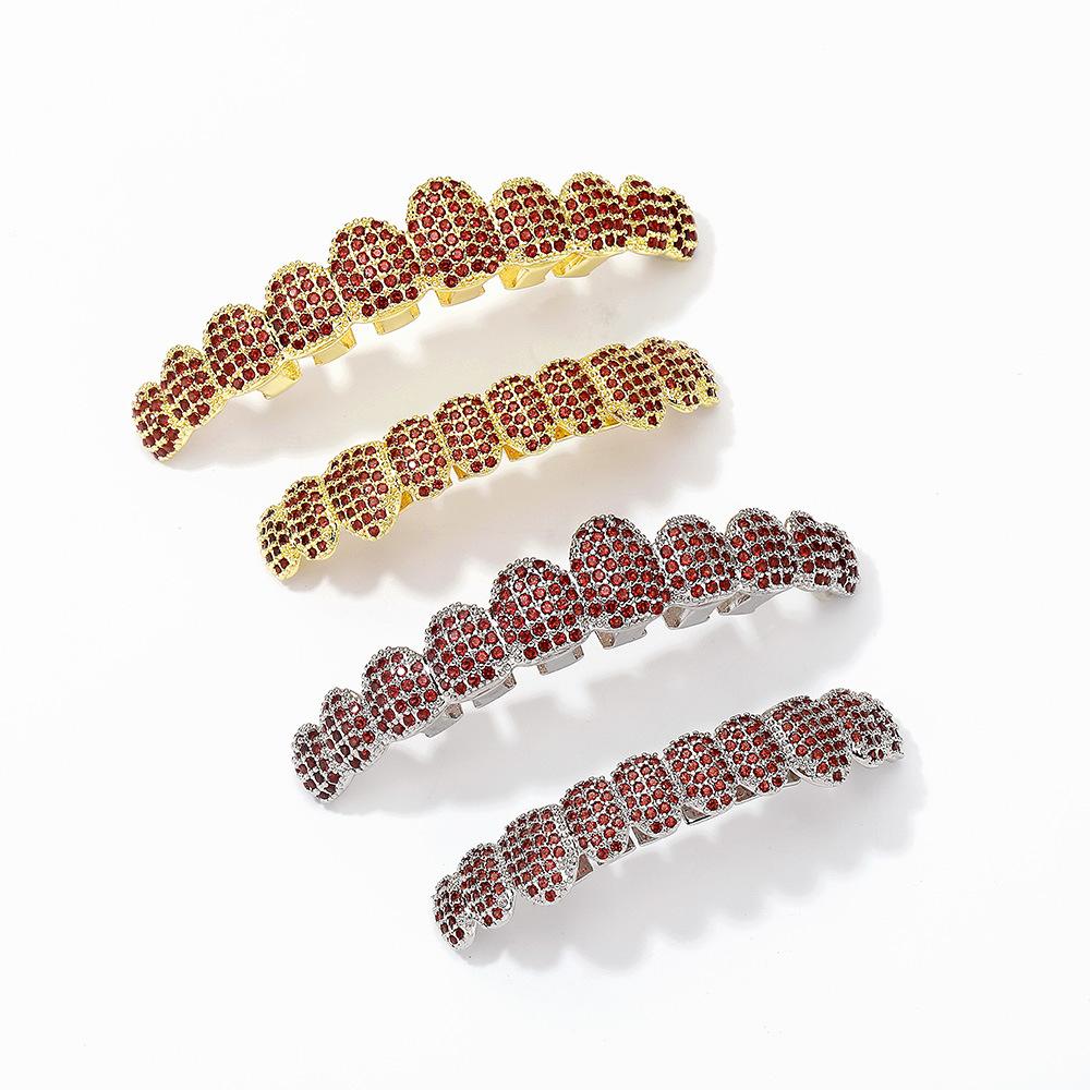 Stock Halloween Hiphop 10 Tooth Grillz Micro Pave Inlaid Red Zircon Rapper Cosplay Party Teeth Decoration Jewelry