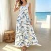 Women's Sleeveless Long Dress,Minimalist Blue White Brush Stroke,Loose Lightweight,Ideal for Beach Vacation & Daily Summer Casual Wear