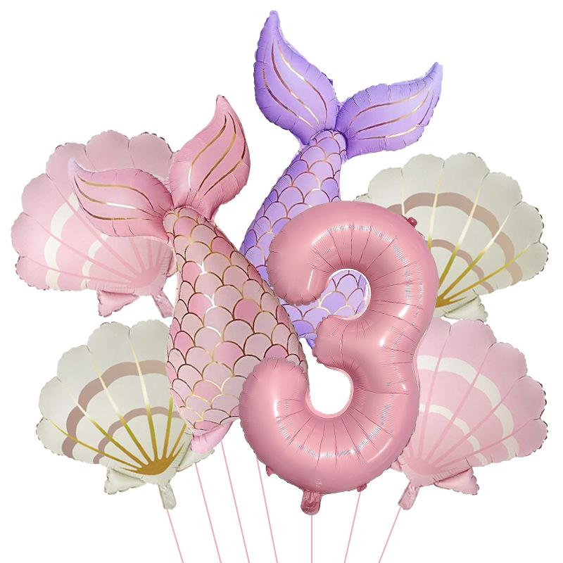 7 Stück Meeresmeerjungfrauenschwanz Muschel Muschel Ballons Set Rosa 0-9 Zahlen Folienballon Unterwasser Geburtstagsparty Dekoration Babyparty Zubehör