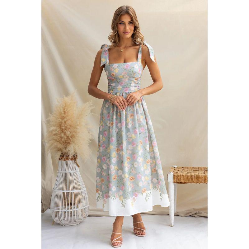 European and American Summer New Holiday Style French Style Floral Waist Hugging Slim Fit Color Matching Sling Jumpsuit Long Dress