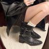 Black pleated western cowboy short boots women's 2025 new spring and autumn single boots V-mouth rivets pointed thick heel Martin boots
