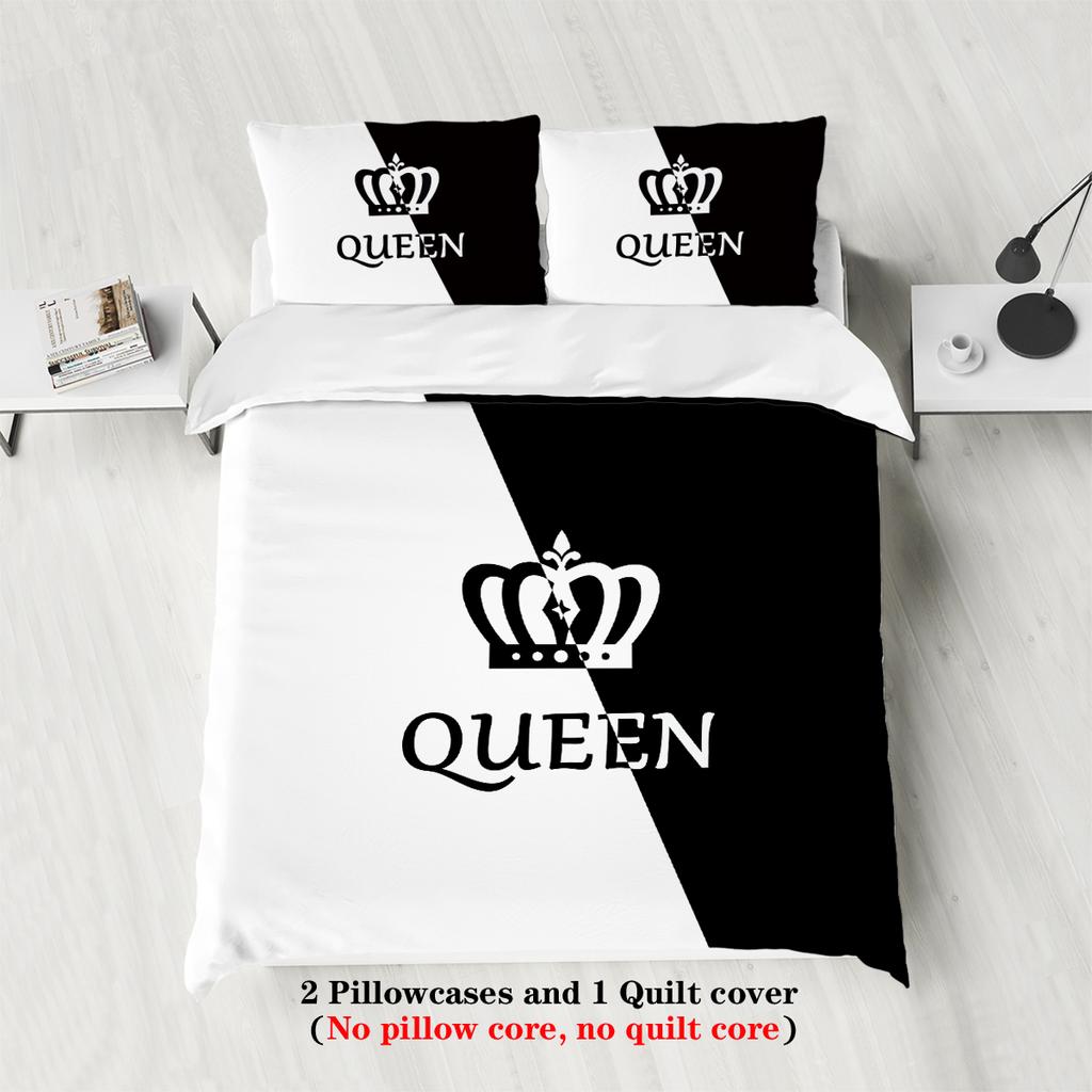 3pcs Fashionable Black Grey KING and QUEEN Design Printed Bedding Set, Soft, Comfortable, Breathable Duvet Cover, Bedroom, Hotel