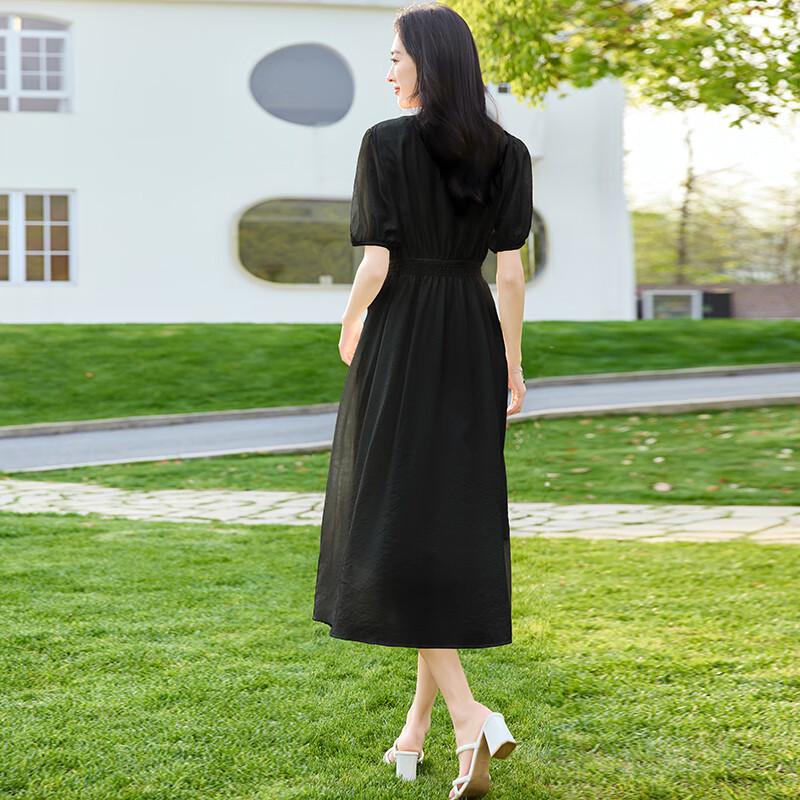 VICTORIA&VERA Women's V-Neck Puff Sleeve A-Line Midi Dress