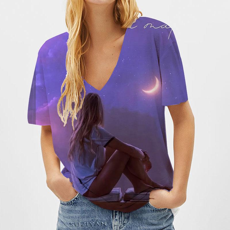 

Модные весенние блузки с принтом лица сбоку, футболки с коротким рукавом и V-образным вырезом, повседневные 8XL темно-синий