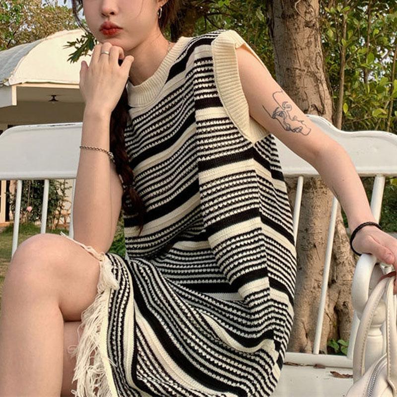 Striped Knitted Sweater Sleeveless Long Skirt Summer Vest Lazy Style Bottoming Up with Suspender Tassel Dress