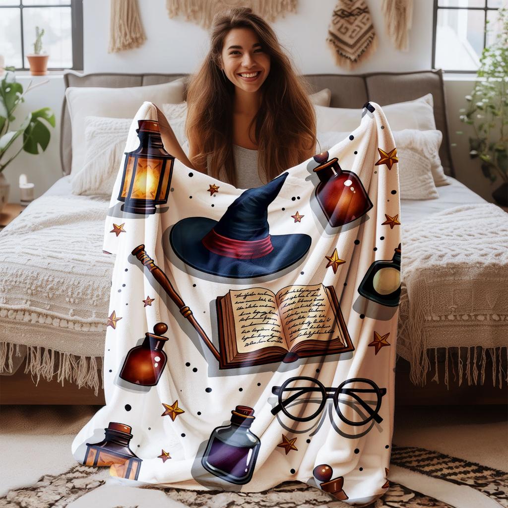 1Pc Cartoon Magic Hat Printed Flannel Blanket, Multi Size Soft Casual Blanket, Gift Blanket, Machine Washable