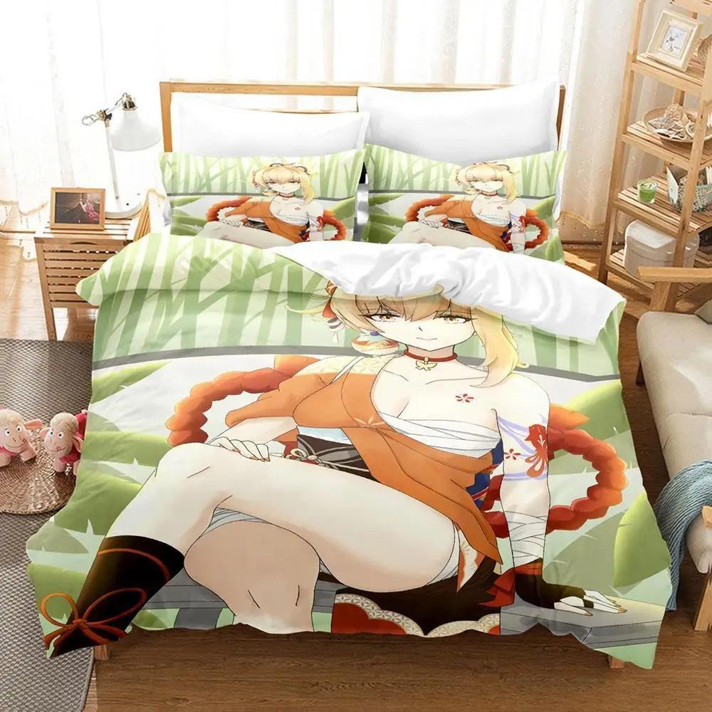 

New Anime Genshin Impact Yoimiya Bedding Set King Duvet Cover Pillow Case Comforter Cover Bedclothes Bed Linens Home Textiles EU single(135x200cm)