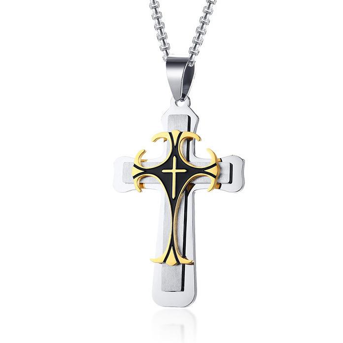 YQF Multilayer Cross Chain Pendant Necklace For Men Neck Catholic Religious Zircon Accessories