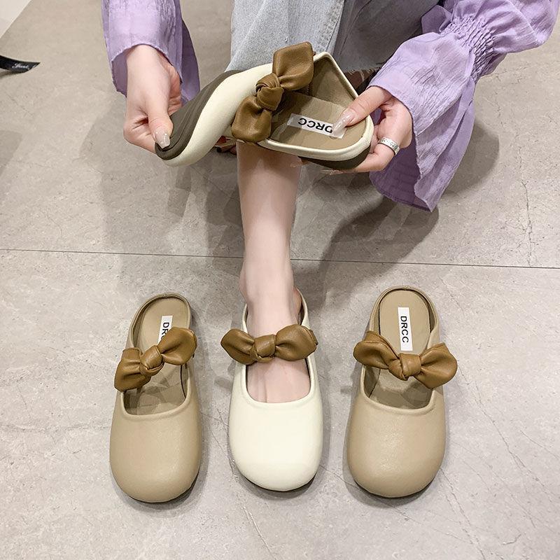 Half slippers female 2025 new spring and summer outer wear fairy style soft flat bottom bag head single shoes French bow sandals