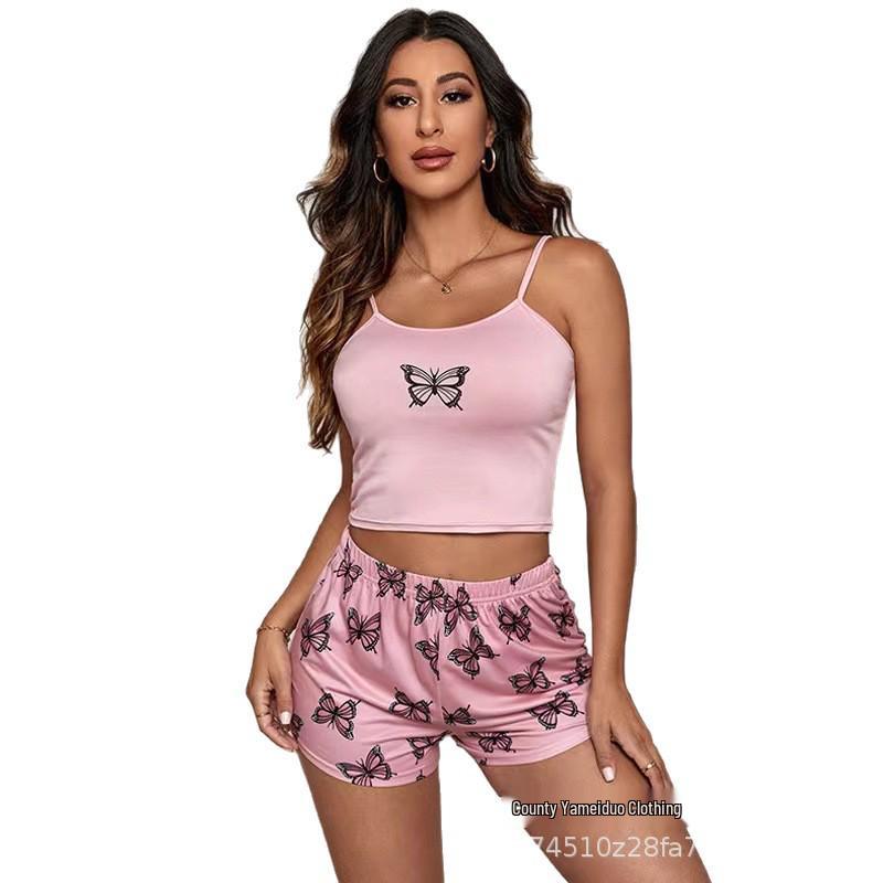 European and American Butterfly Print Milk Silk Camisole and Shorts Loungewear Set