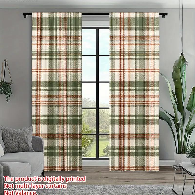 Set Of 2 Green Checkered Curtains Design Protecting Privacy Suitable Decorating Various Scenes Curtain With Pole Pocket Polyester