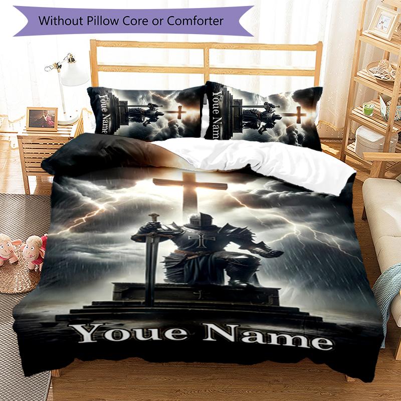 3pcs Custom Name Cartoon Knights Templar Bedding Set Duvet Cover Closure Includes 1 Duvet Cover & 2 Pillowcases for All Seasons Bedroom Decor