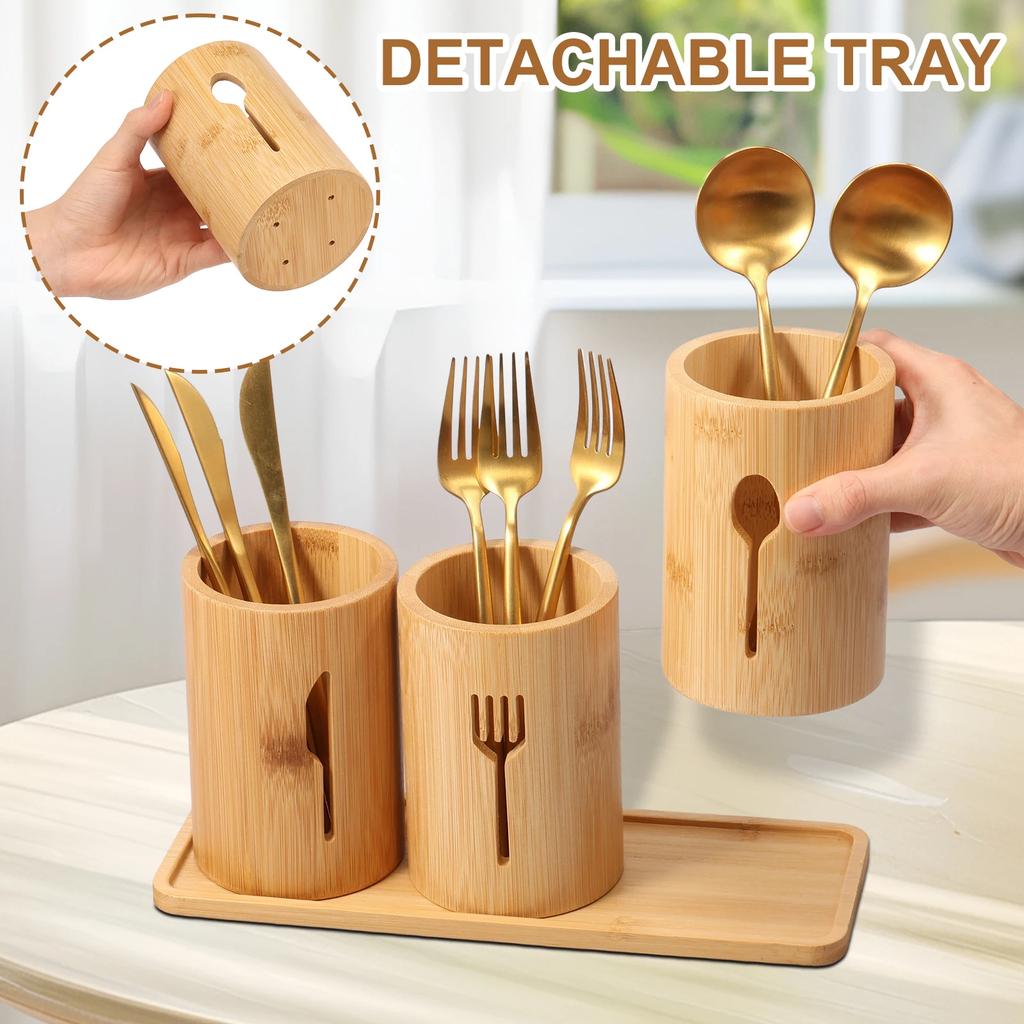 3 Pcs Bamboo Utensil Holder with Tray Cutlery Containers Drying Rack Kitchen Knife Spoon Fork Storage Tableware Organizer