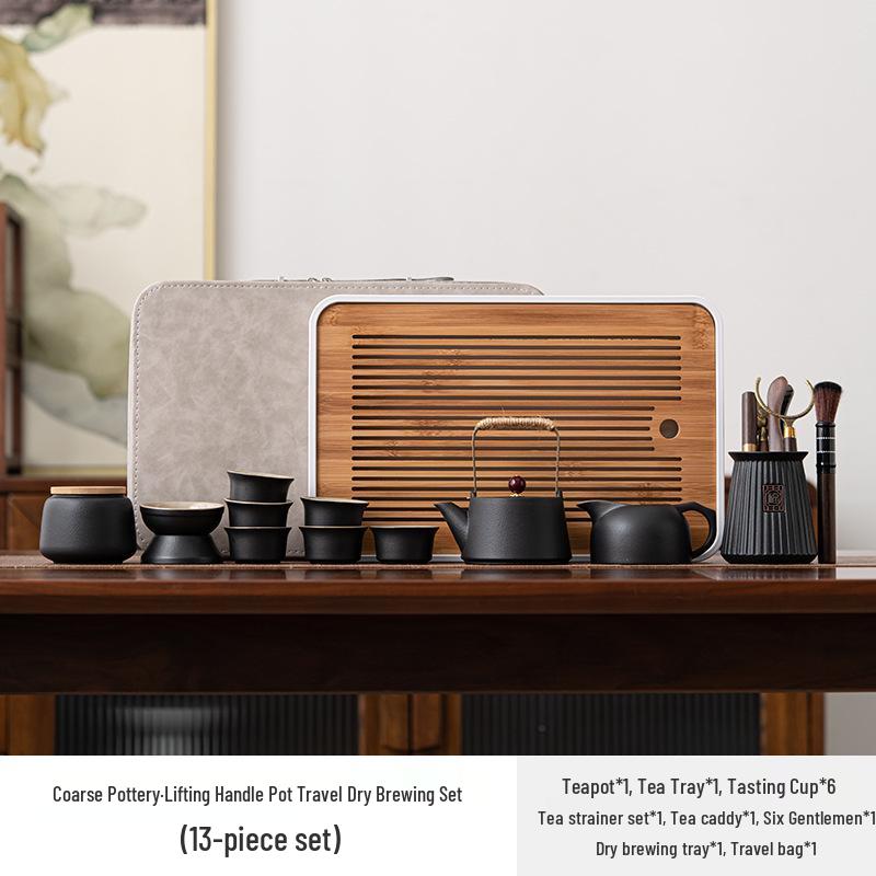 Retro Coarse Pottery Portable Tea Set for Travel & Camping with Storage Bag