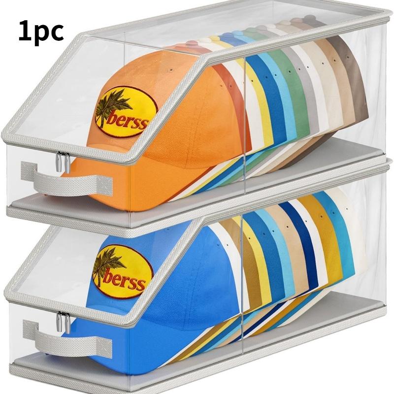 Transparent PVC Baseball Cap Storage Box, Dust-Proof Zippered Storage Case, Large-Capacity Stackable Wardrobe Organizer, Foldable Storage Bag