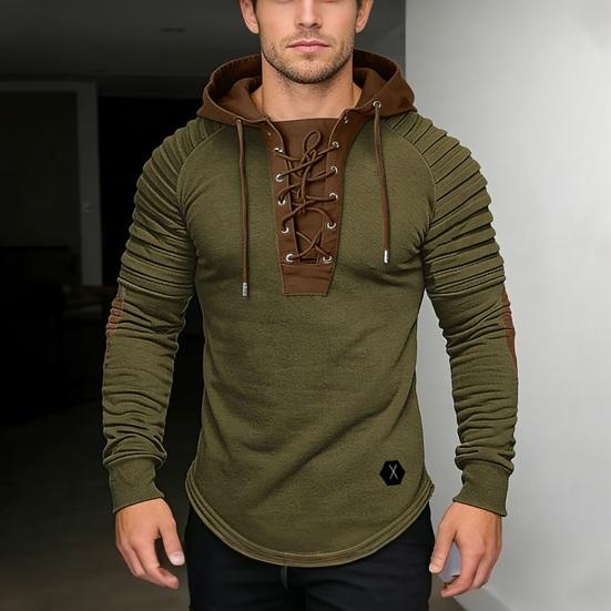 Erkek Sweatshirt Kapüşonlu Bağcıklı Patchwork Tasarım Uzun Kollu Pullover Üstler Pileli Günlük Spor Okul Üstleri Sokak Giyimi