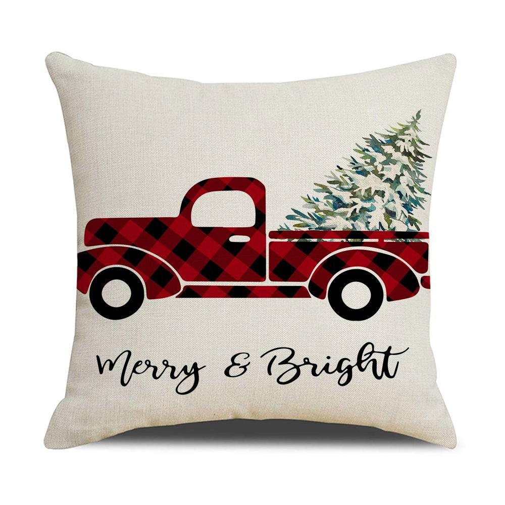 Red and Black Plaid Christmas Pillow Holiday Pillow Cover Linen Cartoon Print Holiday Cushion Cover