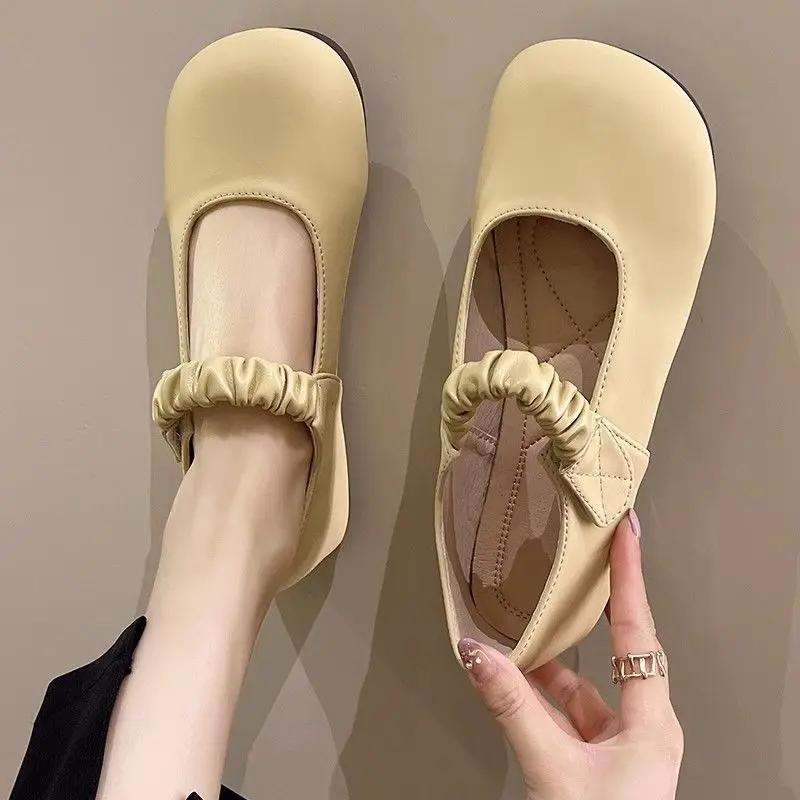 Round Toe One-line Buckle Moccasins Apricot Women's Flat Shoes Anti-slip Solid Color Comfortable and Elegant 39 Ladies Footwear