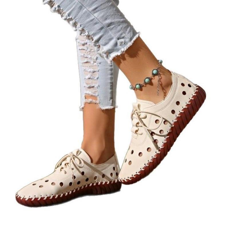 Hollow lace-up hole shoes large size new flat-bottom sewn thick-soled single shoes wish source