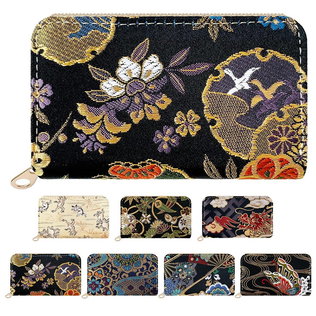 Moonlight Coin Case with Round Perfect for Elegant and Snowflake Pattern with Wisteria and Black [leo&aoi] Nishijin-ori Zipper, Kimono, High-Quality,