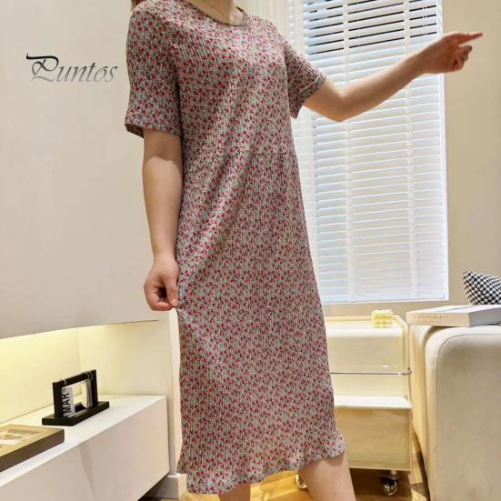 Summer Women Dress Small Flower Print Crew Neck Loose Short Sleeves Pleated Mid-calf Length Pullover Dating Shopping Midi Dress